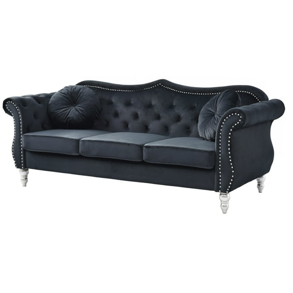 Passion Furniture Hollywood 82 in. Black Velvet Chesterfield 3-Seater Sofa with 2-Throw Pillow