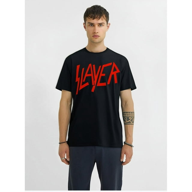 Slayer T-Shirt Logo Classique Officiel - Noir, Col Rond, Manches Courtes, Décontracté & Fitness (Polyester, Coton)