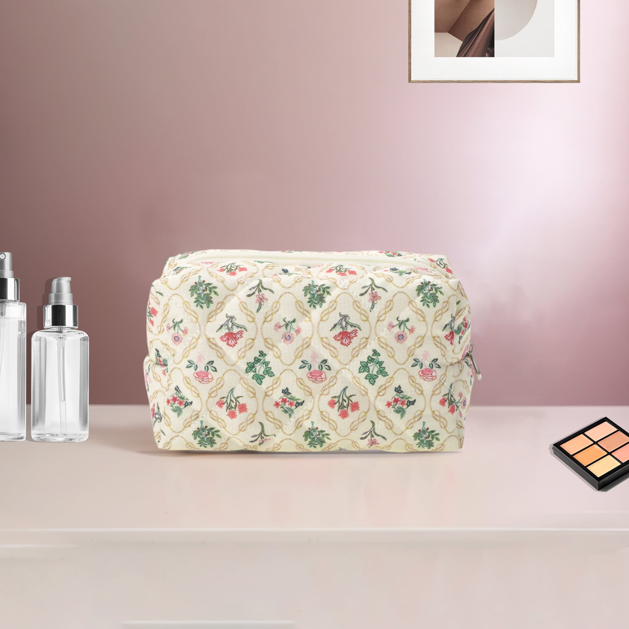 Unique Bargains Quilted Square Flower Makeup Bags Pink Green for Daily Use