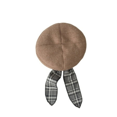

Toddler Girls Beret Hat French Style Winter Warm Artist Hat with Plaid Ribbon Bow Solid Color Cute Beanie Hat