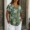 thumbnail image 2 of Vintage Floral V-Neck Tunic Tops for Women - Short Sleeve Button Detail Casual Blouse, Loose Fit Cotton-Linen Look Pullover Shirt for Summer & Vacation Green XXL, 2 of 6