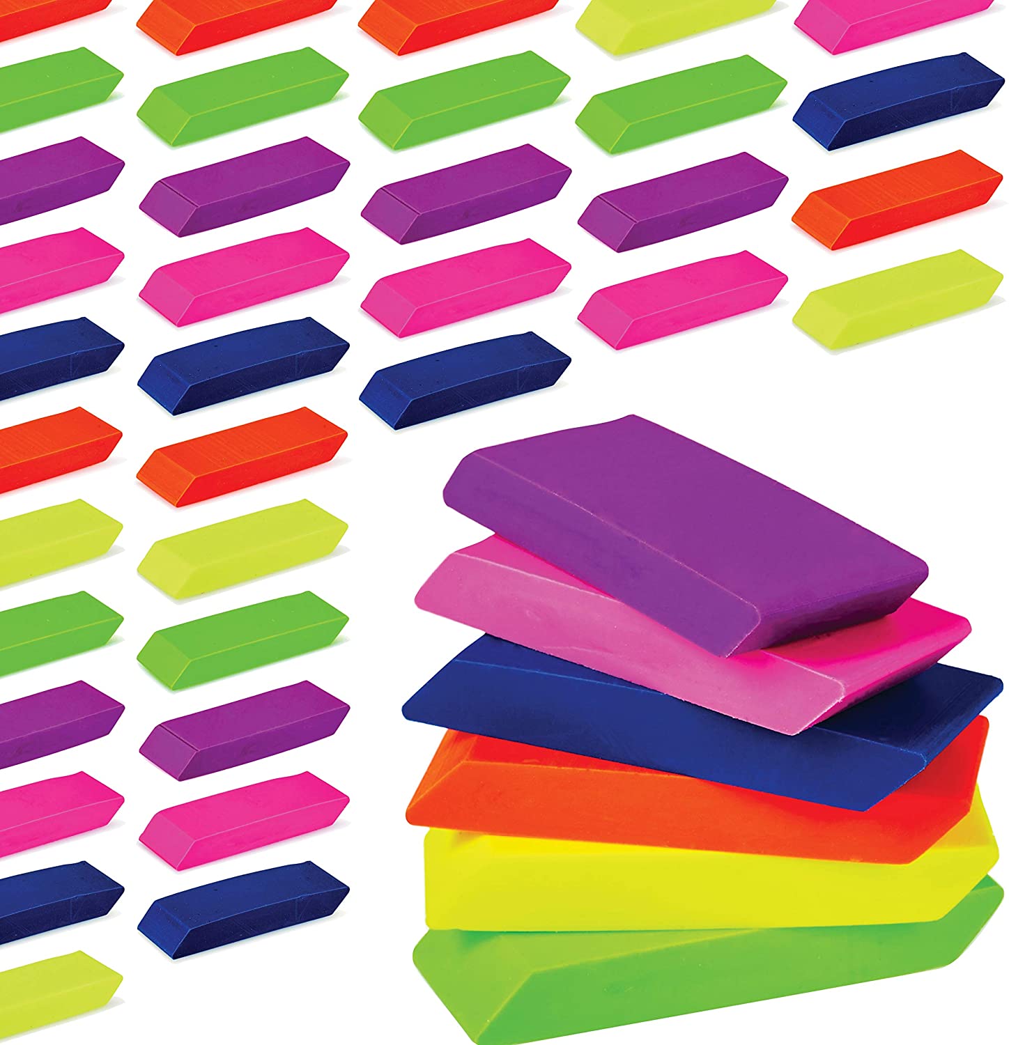 Incredible Value Premium Pencil Erasers Bright Neon Chiseled Erasers Bulk 48 Pack