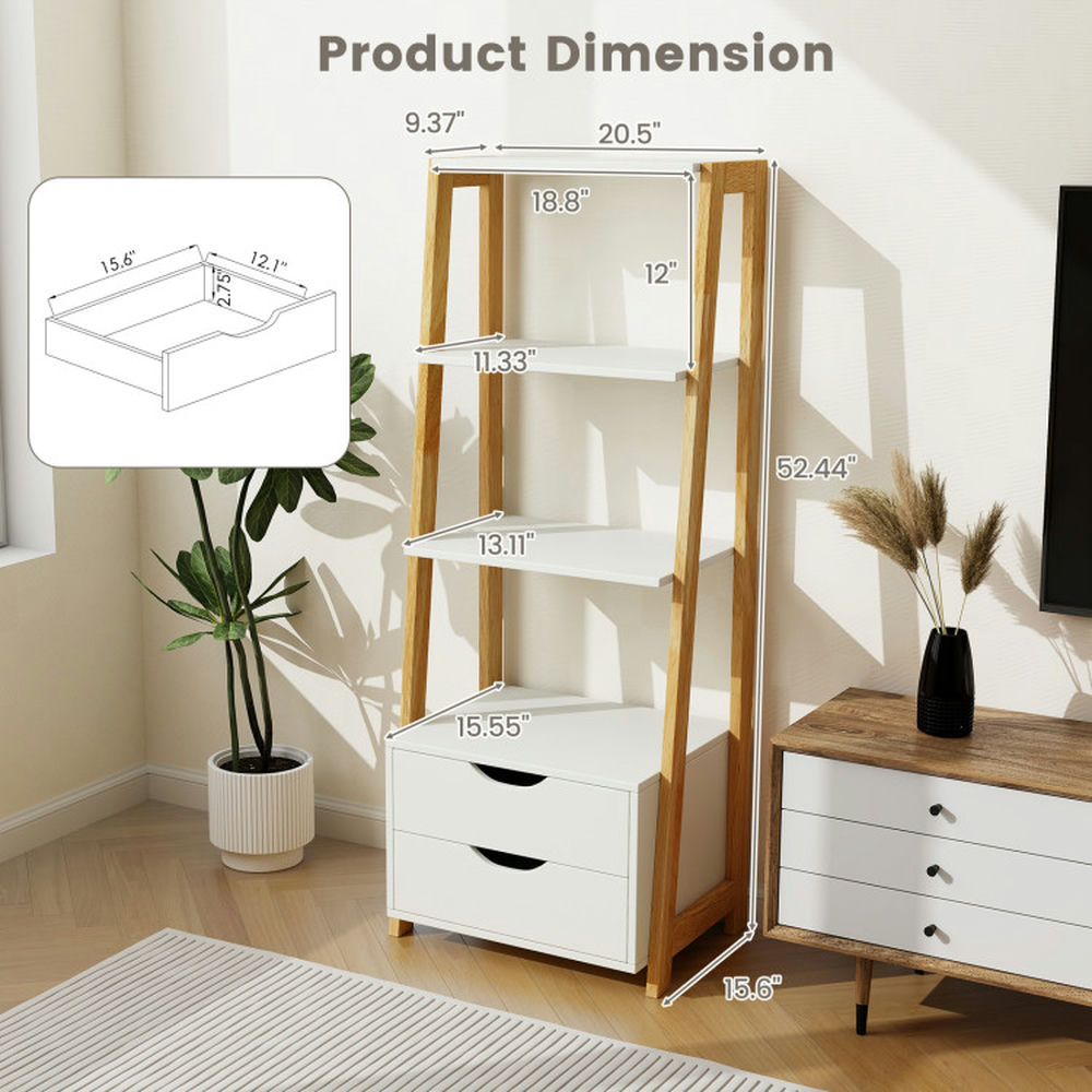 Demi Bonn 4-Tier Ladder Bookshelf Storage Display, Freestanding Bookcase with 2 Drawers, White