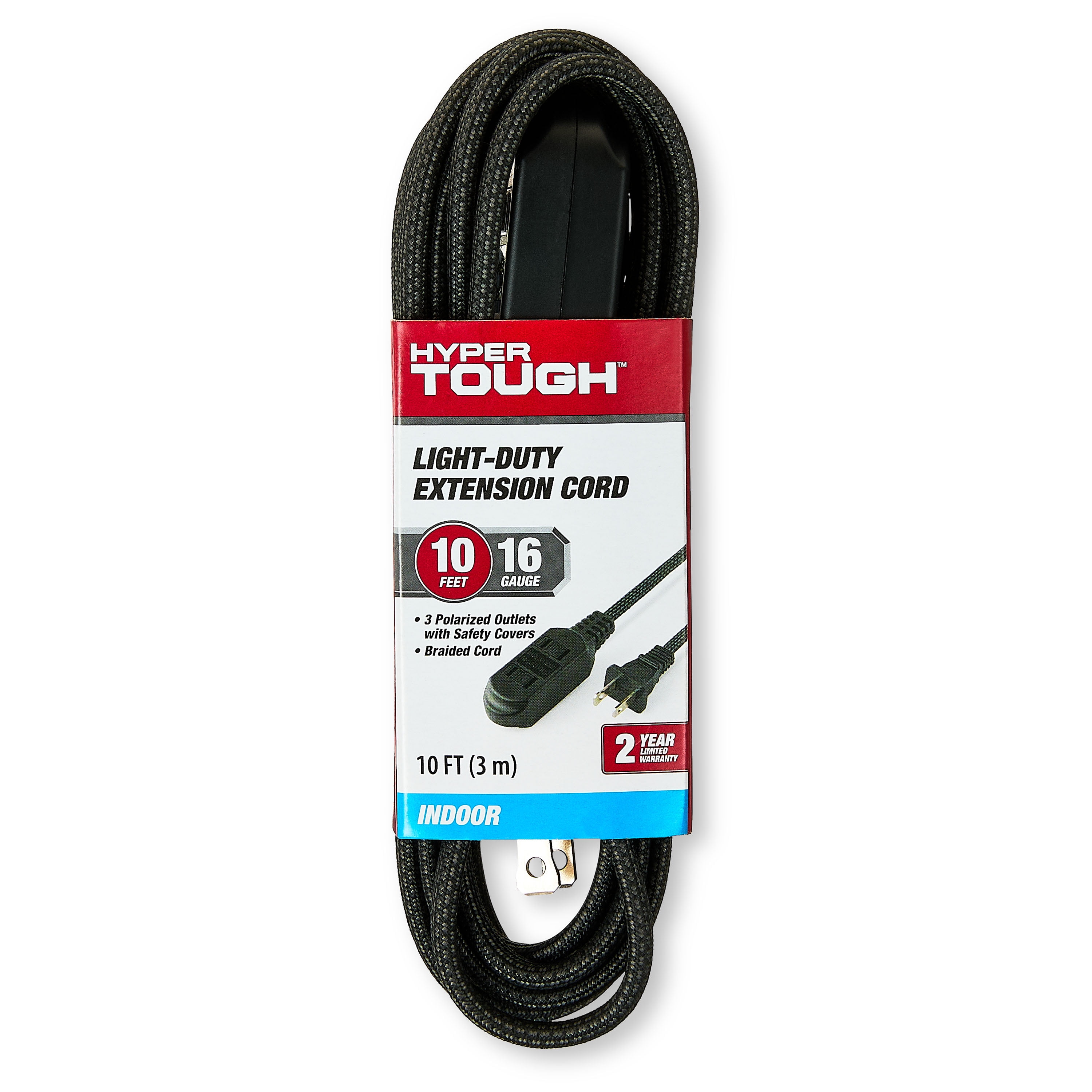 Hyper Tough Indoor Extension Cord 10 ft with 3 Outlets, 2 Prong, Braided Cord, Black