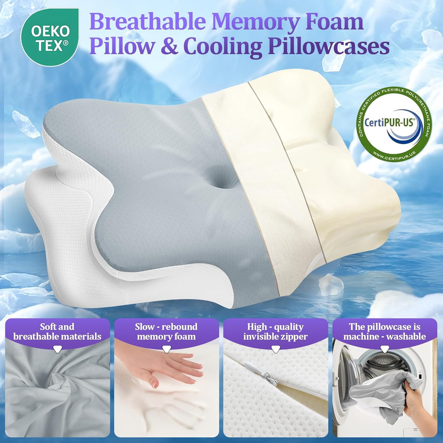 Cooling Memory Foam Pillow Cervical Pillow for Neck and Shoulder Ergonomic Neck Support Pillow for Side Back Stomach Sleepers with Pillowcase, Grey