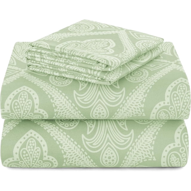 Hannah Linen Paisley California King Sheet Set, 4 PC Soft Microfiber Wrinkle Free Sheets - Luxurious Printed Bed Sheets Includes Flat Sheet, Fitted Sheet with Deep Pockets, & 2 Pillowcases - Sage