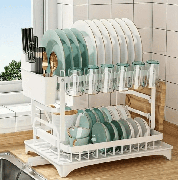 2-Tier Large Capacity Kitchen Dish Drying Rack with Drain Board, Rustproof Utensil Holder for Countertop white