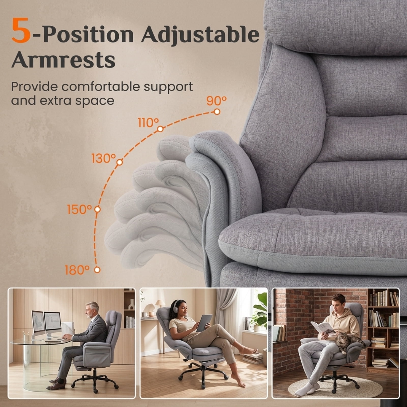Furnibear Big and Tall Ergonomic Office Chair 400 lbs High Back Wide Linen Computer Chair with Retractable Footrest, Gray