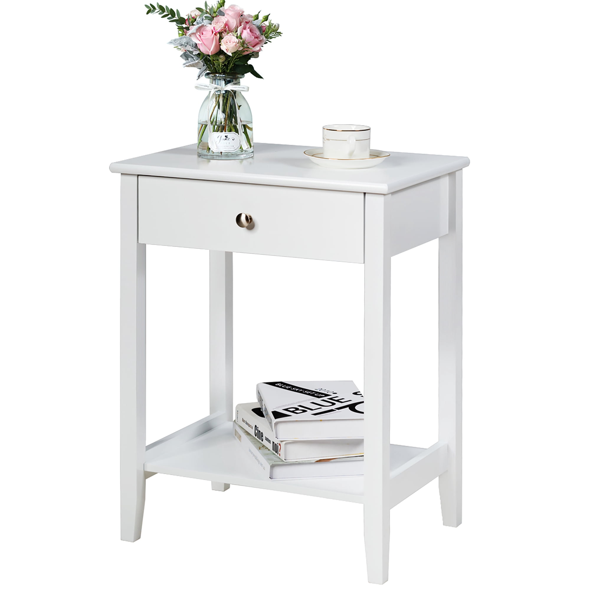 Costway Nightstand End Table Storage Display Bedroom Furniture Drawer Shelf Beside White