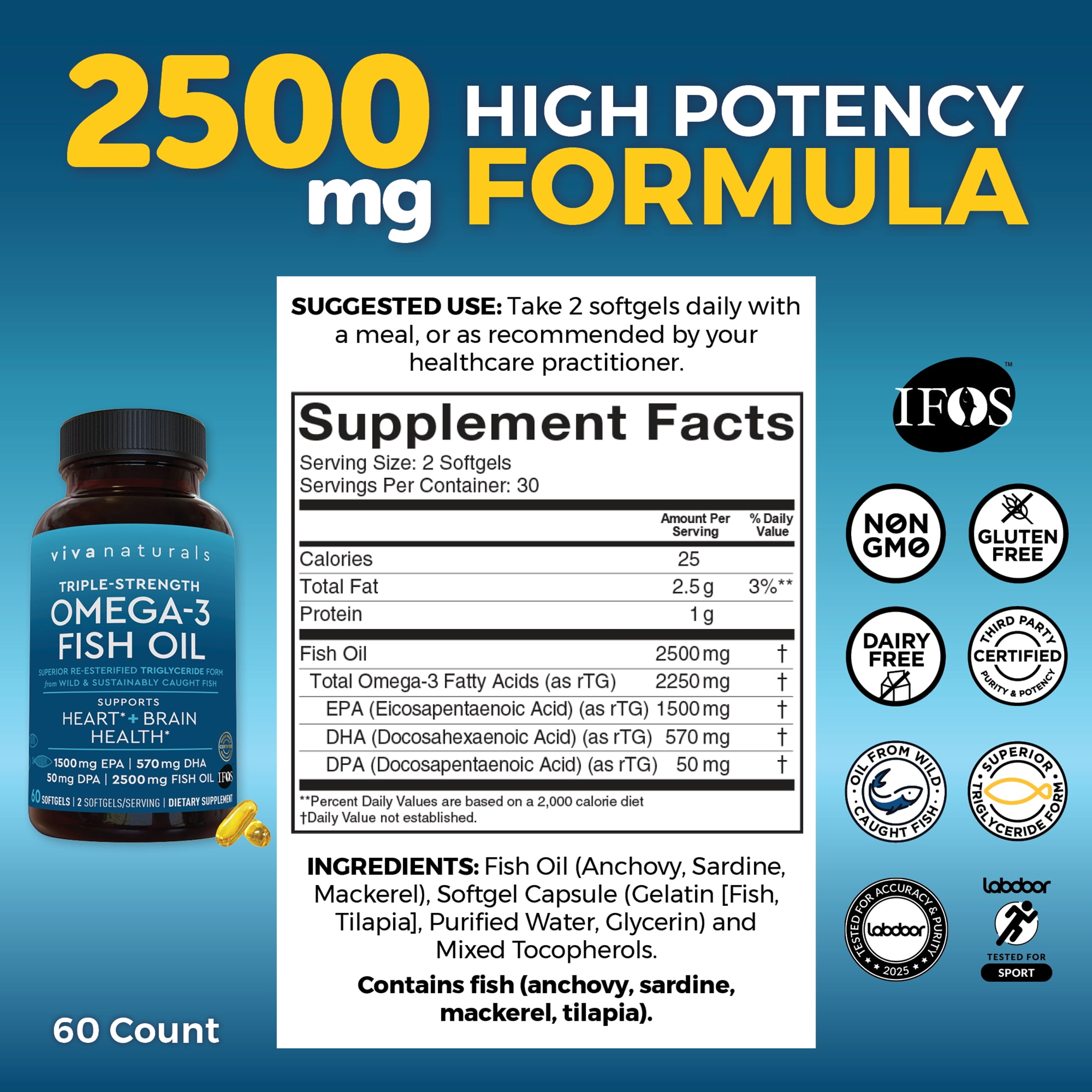 Viva Naturals Triple-Strength Omega 3 Fish Oil Supplement, 2500 mg, 60 Pescatarian-Friendly Softgels