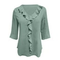 thumbnail image 3 of Ajshakl Green V-Neck Casual T Shirts for Women, 2025 Chiffon Shirt Mid Sleeved Pleated Ruffled Loose Top Mid Sleeved Top, 3 of 7