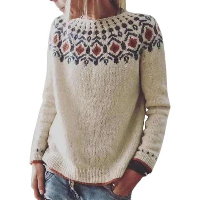 Aztec Sweater Woman Crewneck Sweater Boho Striped Oversized Long Sleeve Vintage Aztec Print Knitted Pullover Top