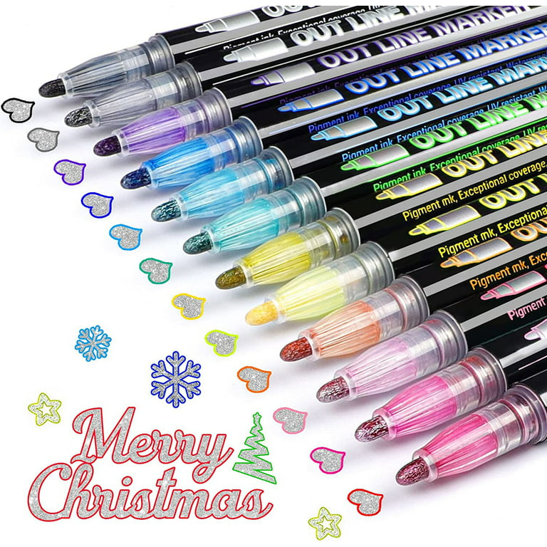 JTWEEN Outline Markers, Super Squiggles Shimmer Markers, 12 Color Metallic  Markers Double Line Pen