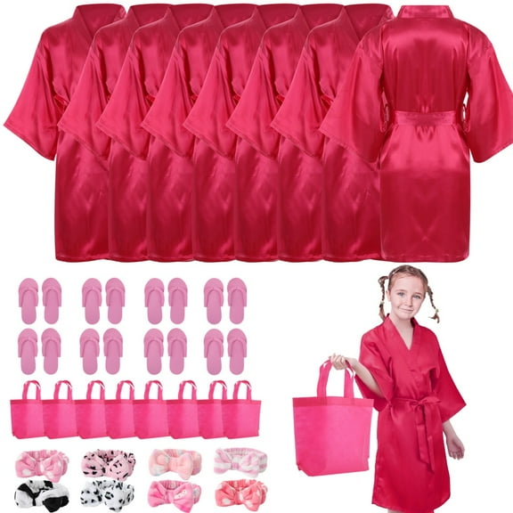 32 Pcs Spa Party Supplies, Including 8 Satin Kimono Robes, 8 Spa Headbands, 8 Disposable Foam Slippers, and 8 Tote Bags for Salon, Pedicure, Sleepover Party Favors for Little Ones