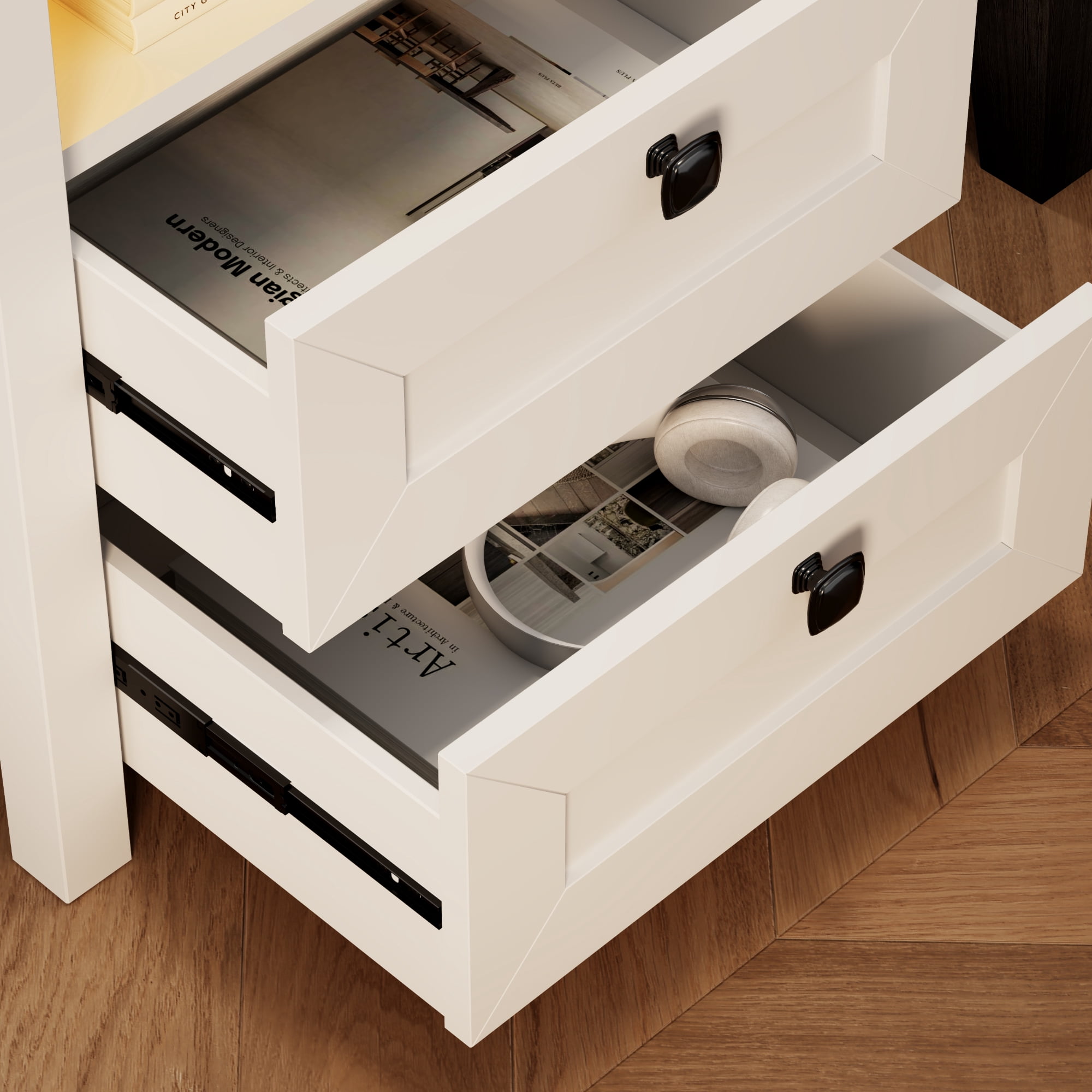 VKCC Rustic 2 Drawers Nightstand with LED Lights & Charging Station, Farmhouse Bedside Table with Open Shelf, White