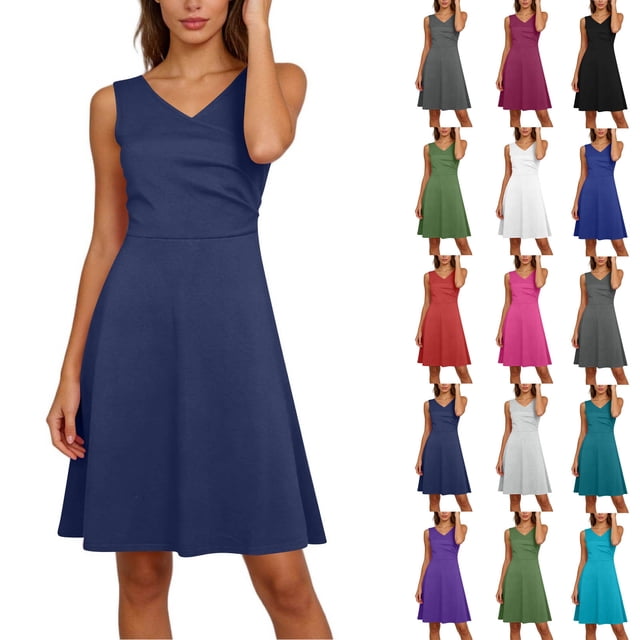 Xuniizn Robes d'Été pour Femmes Grande Taille à Col en V Robe Mini Décontractée Confortable Couleur Unie Sans Manches Robe Trapèze, P-4TG