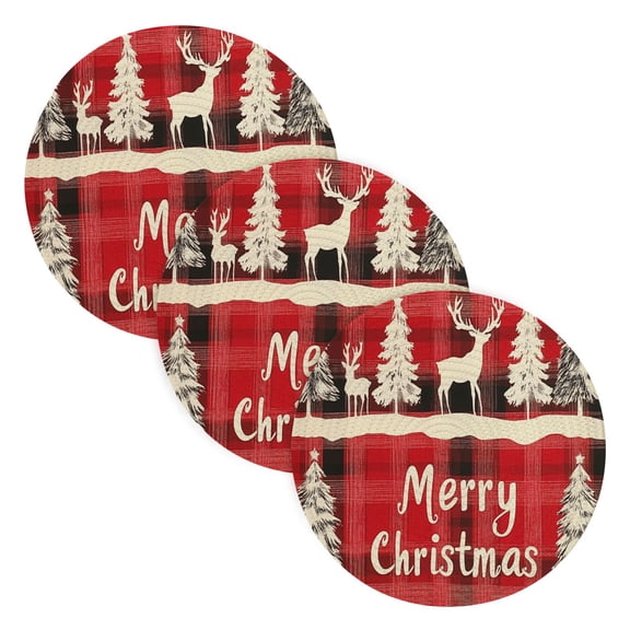BZSMCE Mats for Pots,Pans Place Christmas Red Plaid Painting with Reindeer Simple Style Pattern Pot Mats