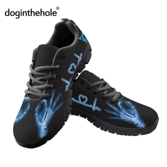 Doginthehole X-ray Design - Zapatos de enfermería para mujer, zapatillas informales con cordones, zapatos planos de malla con estampado de esqueleto a la moda