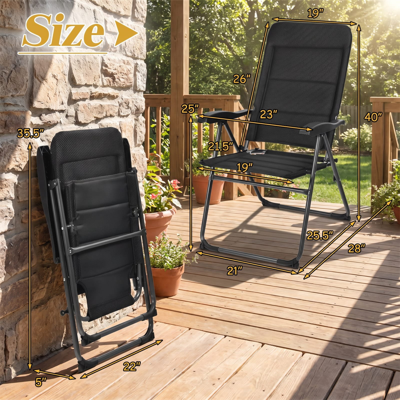 Furnibear Folding Patio Chair Solid Steel for Lawn Patio Backyard Black 300 lbs Capacity Weather-Resistant Outdoor Furniture