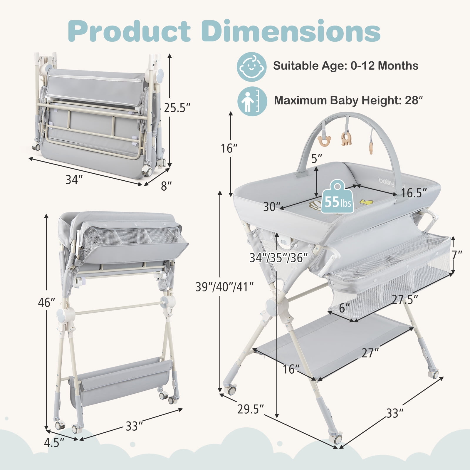 Babyjoy Baby Changing Table, Foldable Diaper Changing Station with Storage Bag & Shelf Gray