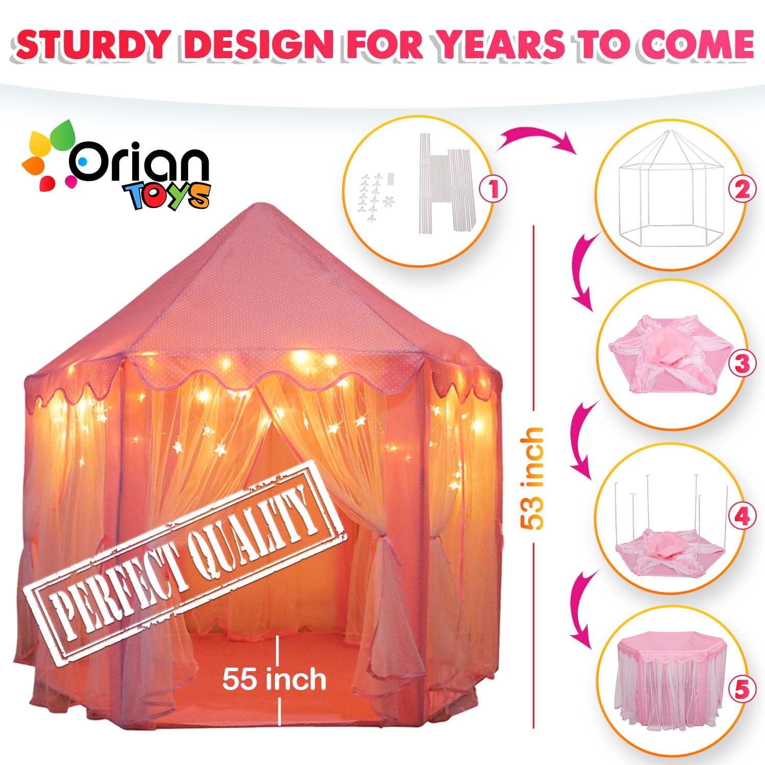 Princess Castle Playhouse Tent for Girls with LED Star Lights – Indoor & Outdoor Large Kids Play Tent for Imaginative Games – Princess Tent, 230 Polyester Taffeta. Pink 55"x53".