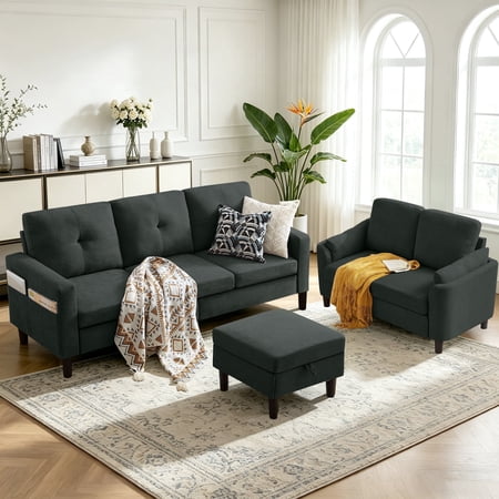 Pingliang Home Living Room Furniture Set,Sectional Sofa Couch with Storage Ottoman and Loveseat,3 Seater L-shaped Sofa and 2 Seater Couch for Home Apartment Studio Office