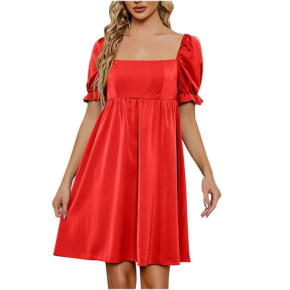 Usmixi Womens Dresses High Waist Casual Smocked Swing Beach Short Sun Dresses Short Sleeve Square Neck Solid Mini Summer Dress Red S Clothes