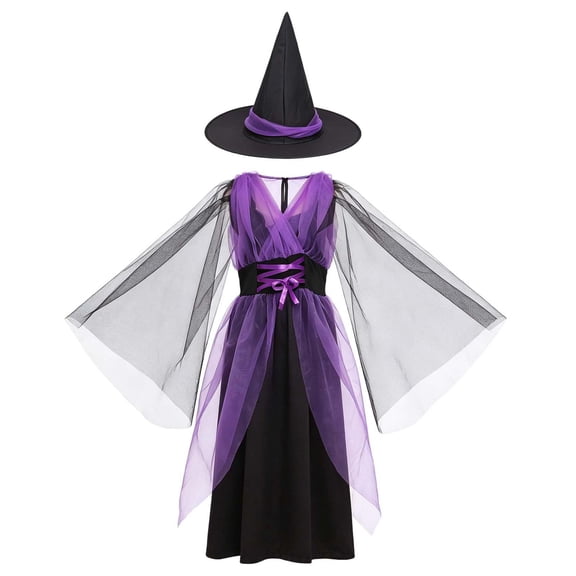 Virmaxy Halloween Costume Witch Dress V Neck Sheer Flutter Sleeve Maxi Skirt Adjustable Waist with Hat for Cosplay Party Sizes 2-12 Years, Purple