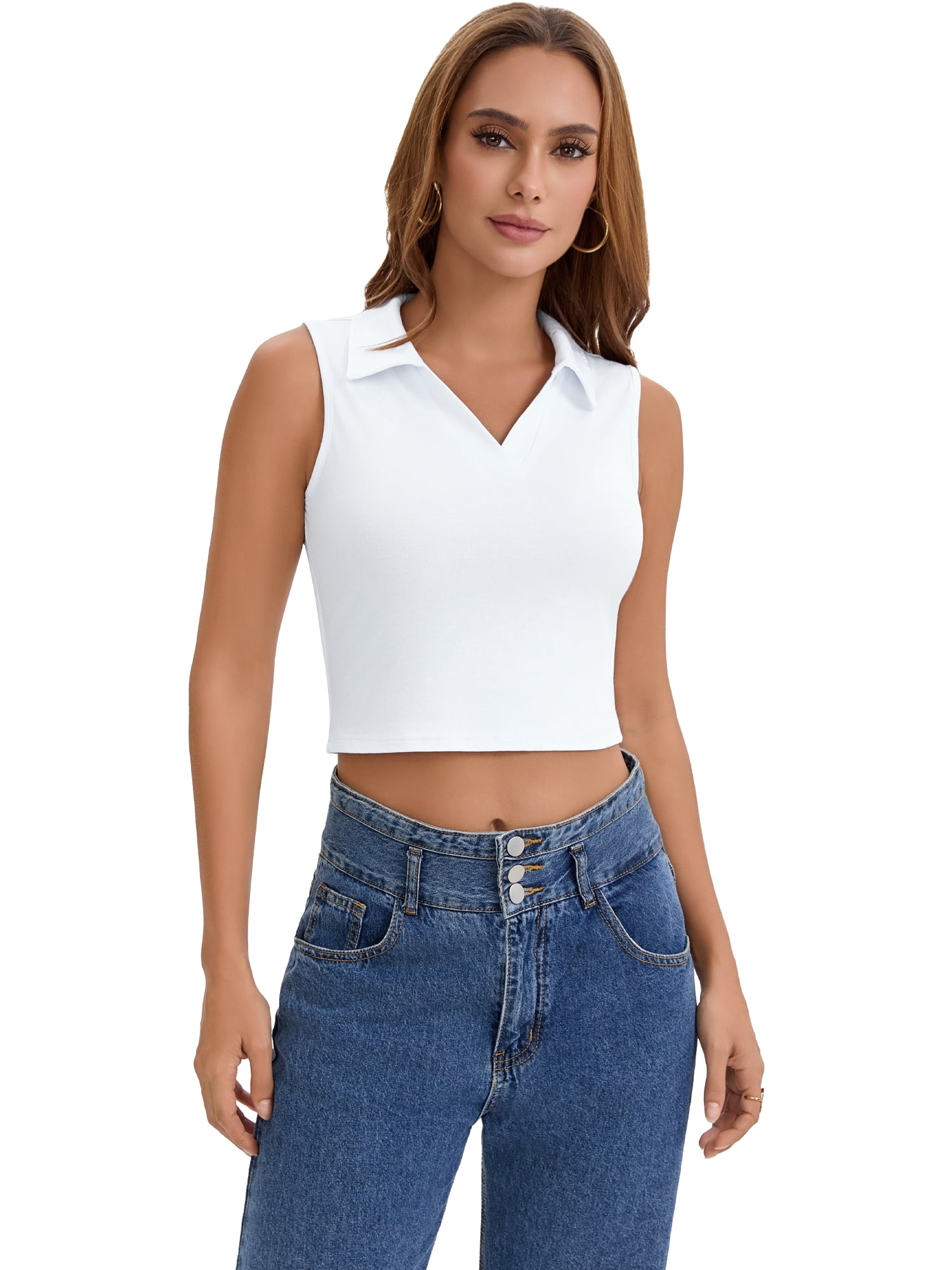DARING DIVA Women's Cropped Sleeveless Golf Polo Shirt with V Neck and Slim Fit L White