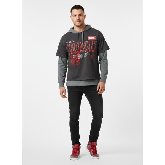 Marvel Spider-Man Men's Layered Look Graphic Tee with Long Sleeve Hoodie, Sizes XS-3XL