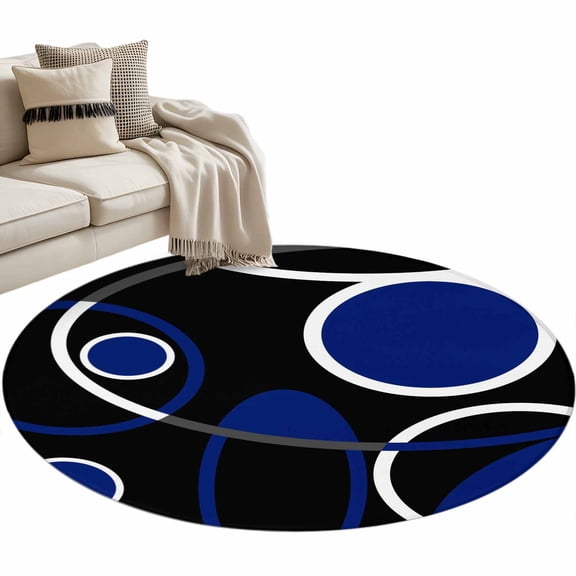 Round Area Rug 4ft Black Blue Circle Floor Carpets Indoor Floor Area Mat Stain-Proof Mat Circle Rugs for Living Room Dining Room Kitchen Bedroom, Geometri Stripe Lines Abstract Art Sofa Throw Carpet
