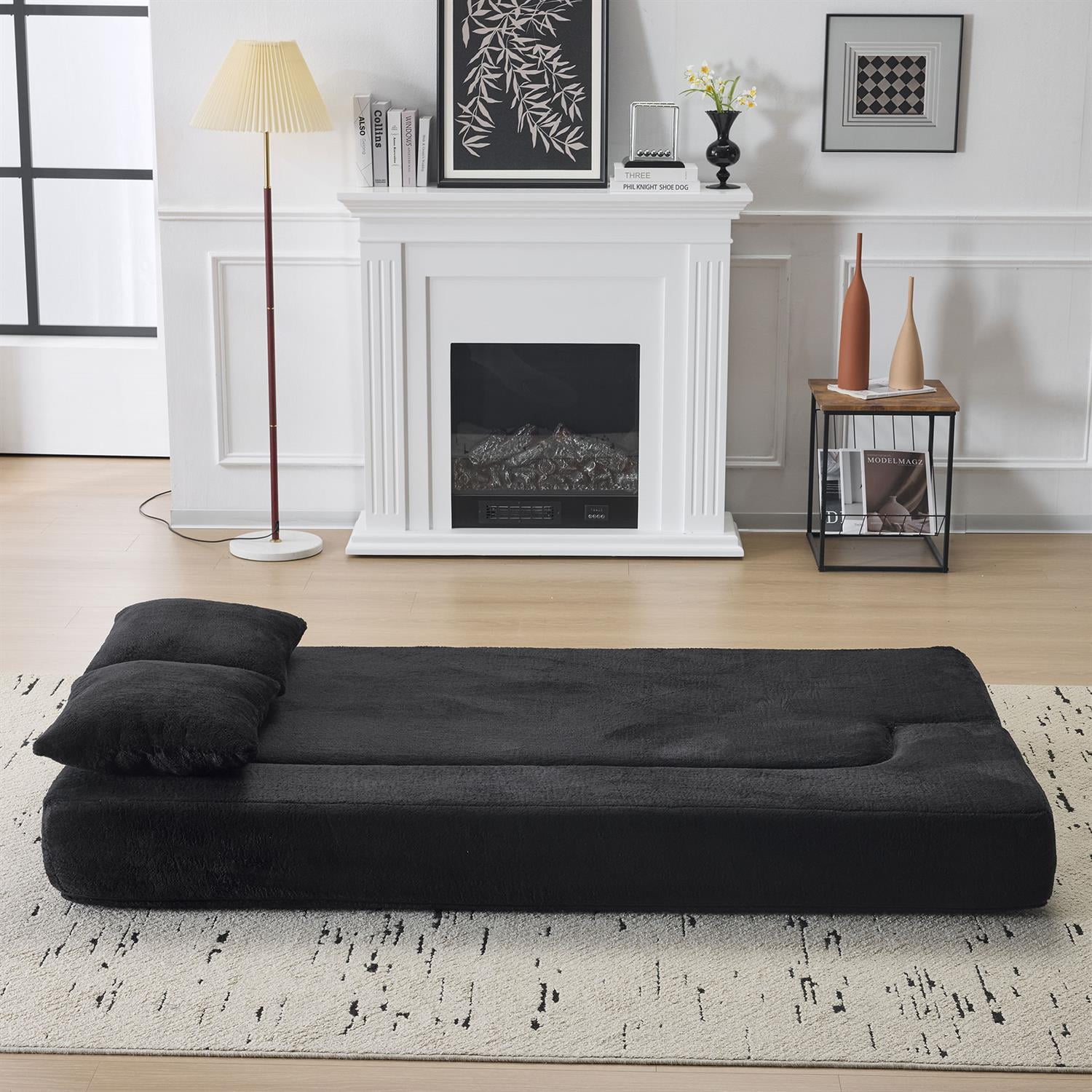 Demi Bonn Versatile 3-in-1 Sectional Sofa with Ottomans, Cozy Foam Fold-Out Bed, Space-Saving Chenille Lounger for Small Apartments & Home Offices, Black