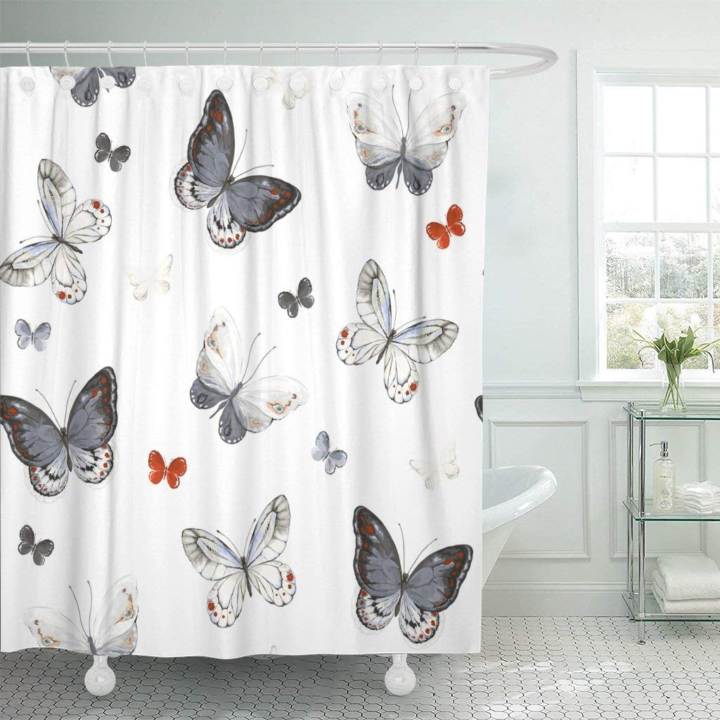 Bathroom Shower Curtain Butterflies Black White and Grey 