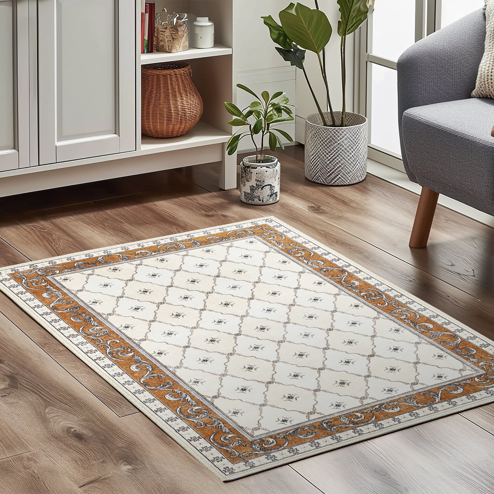 RUGKING 2X3 Area Rug Entryway Orange Multi Vintage Doormat Kitchen Floor Cover Indoor Soft Floral Mat Retro Accent Rug for Bathroom Living Room Bedroom Office Farmhouse