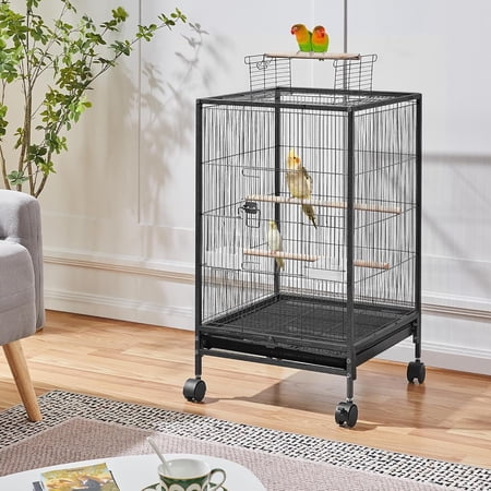 35 inch Wrought Iron Bird Cage w/Play Open Top and Rolling Stand for Small Birds Like Parrots Conure Lovebird Cockatiel Lovebirds Budgies