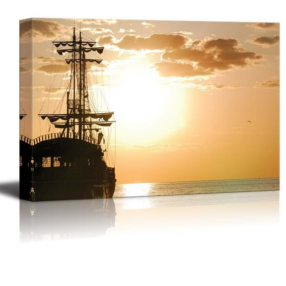 Canvas Prints Wall Art - Pirates Ship at Sea in Horizontal Orientation at Sunset | Modern Wall Decor/Home Decoration Stretched Gallery Canvas Wrap Giclee Print & Ready to Hang - 12" x 18&quo