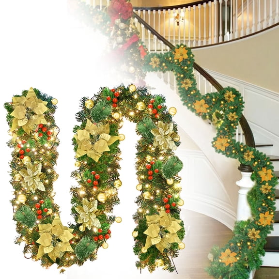 Pre-Lit Christmas Garland with Red Flowers and Berries,Artificial Green Garland with LED Lights for Stair, Mantel, or Doorway Decoration,Holiday Lighting Decor,I2.7m,1PC