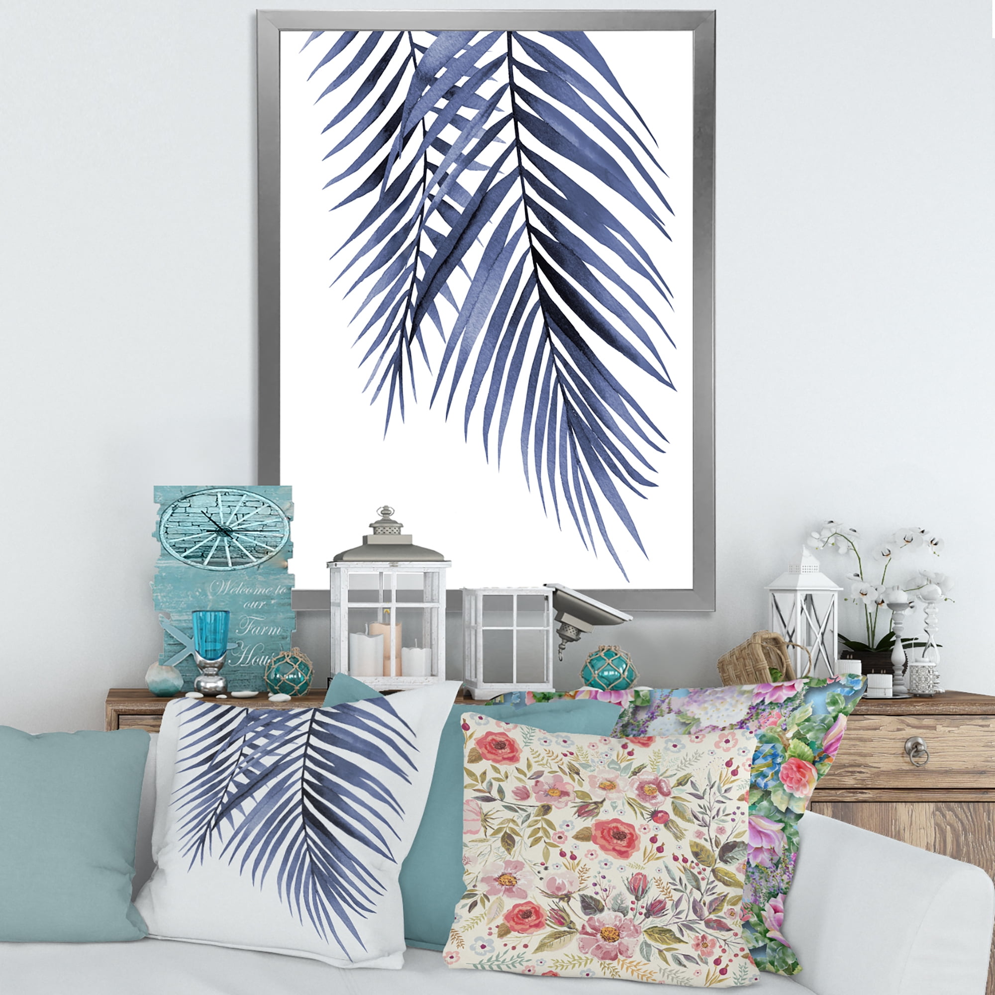 Designart 'Abstract Blue Palm Leaves Tropical Branches' Traditional Framed Art Print