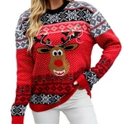 yievot Ugly Christmas Sweaters for Women Elk Snowflake Print Thickened Ladies Casual Long Sleeve Crew Neck Pullover Sweater Tops