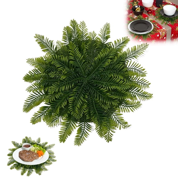 Christmas Pine Placemats Set, Christmas Greenery Placemats, Faux Cedar Greenery, Green Plants Fake Cedar Greenery Round Placemats for Table Dining Christmas Decorations
