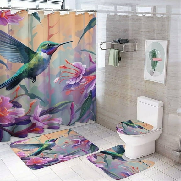 Flower Hummingbird 4 Piece Shower Curtain Sets, Non-Slip Rugs, Toilet Lid Cover And Bath Mat, for Bathroom Decor Set, 72" X 72"