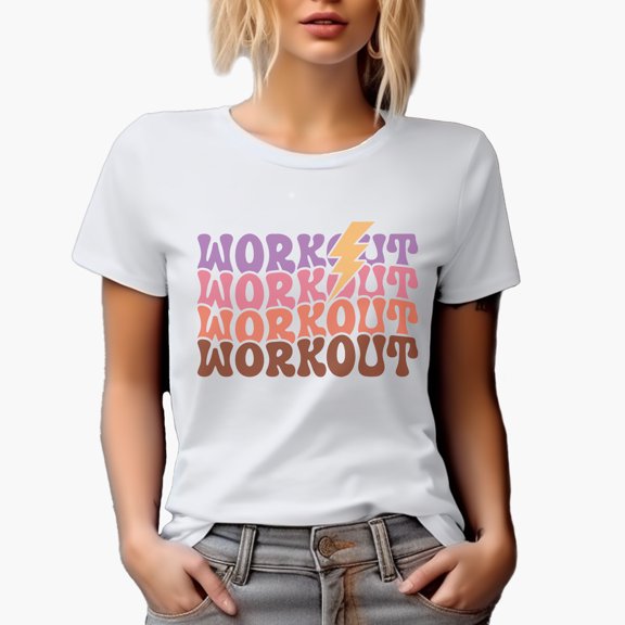 Workout Word with Lightning & Groovy Text Art, Work Out Merch Gift, White T-Shirt, Small