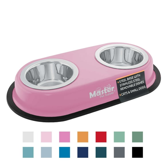 Master Pet Supply Double Dog Bowls Set with Elevated Base and 2 (8 oz) Stainless Steel Removable Dishes (Hyper Pink) – Double Cat Food Water Bowl, Dog Puppy Food Bowl Set, Rust Resistant