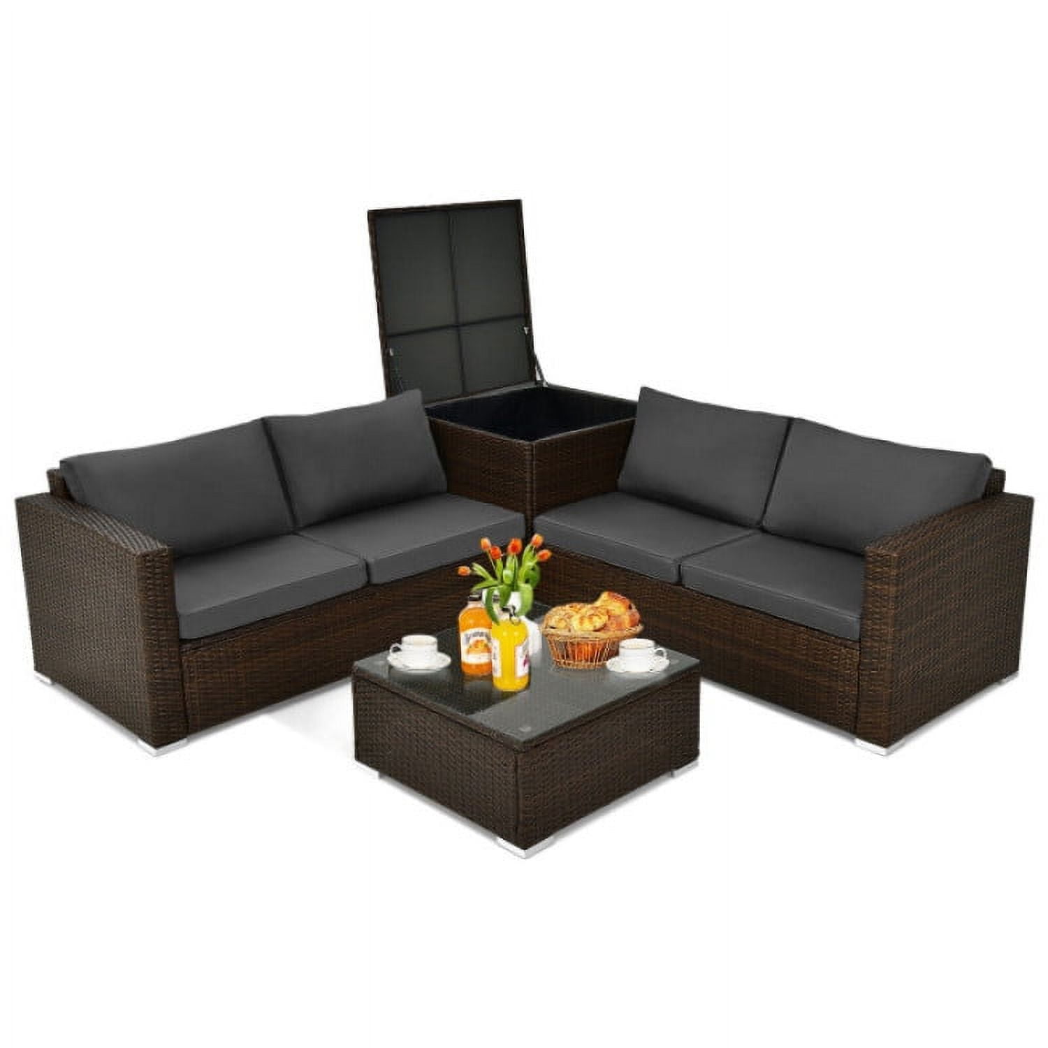 Aimee Lii 4 Pieces Patio Rattan Cushioned Furniture Set with Armrest and Storage Box, Outdoor Patio Set, Brown