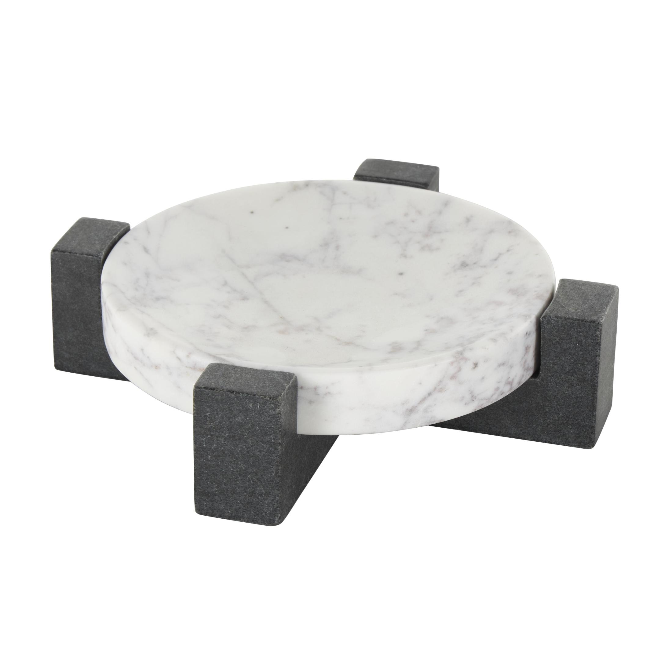DecMode 8" x 8" White Marble Round Geometric Tray with Black X-Shaped Base, 1-Piece