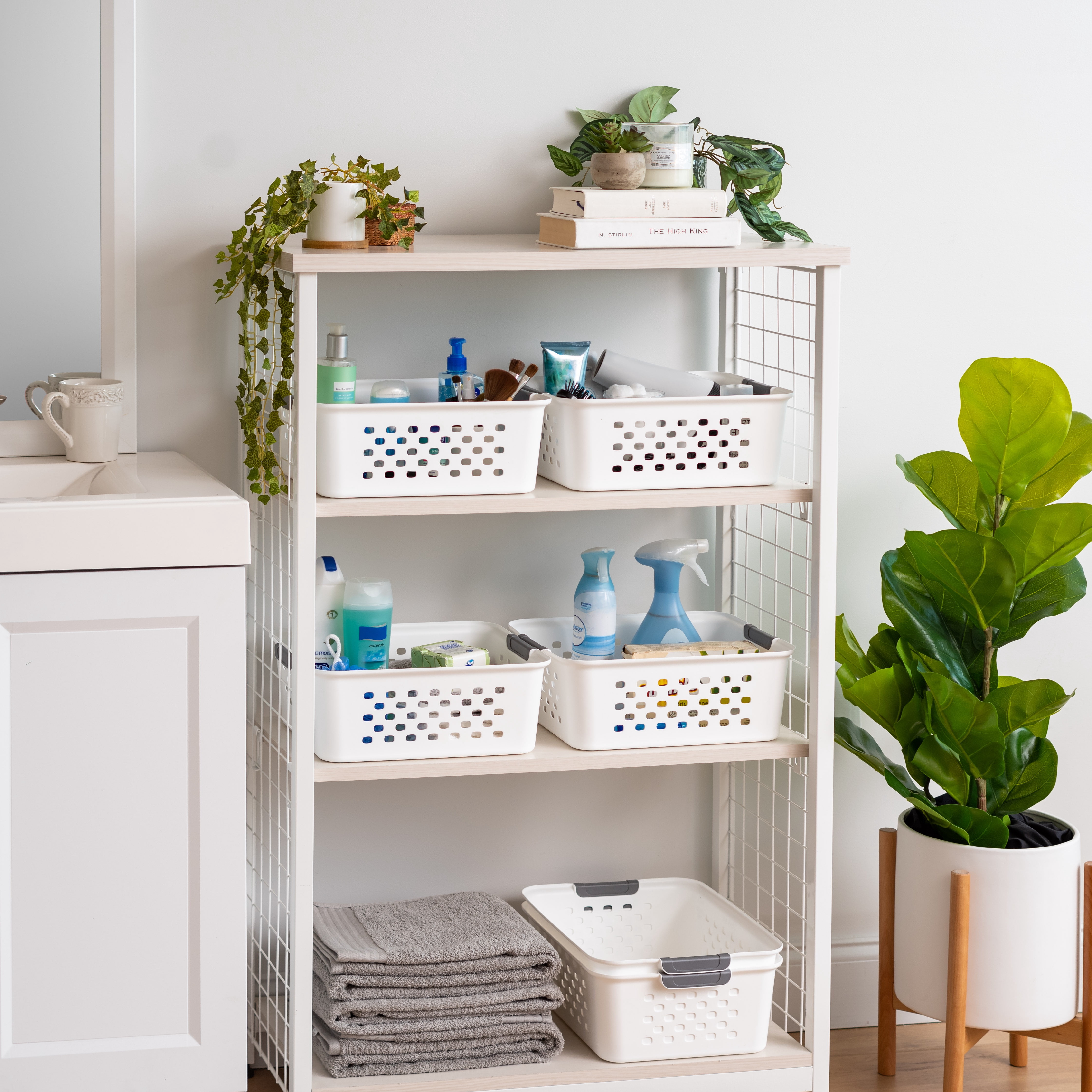 IRIS Plastic Storage Basket, Medium, Shelf Basket Organizer for Pantries, Kitchens, Cabinets, Bedrooms, White