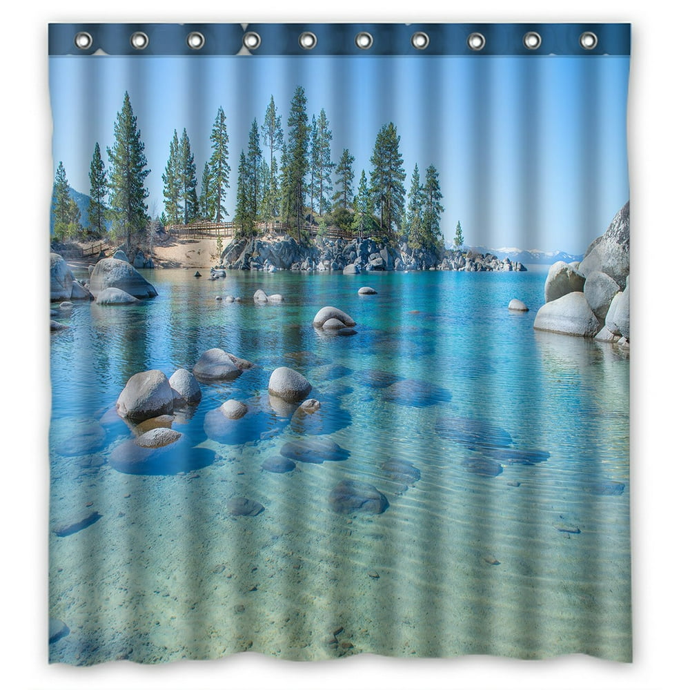 PHFZK Nature Scenery Shower Curtain, Beautiful Blue Water on the Shore