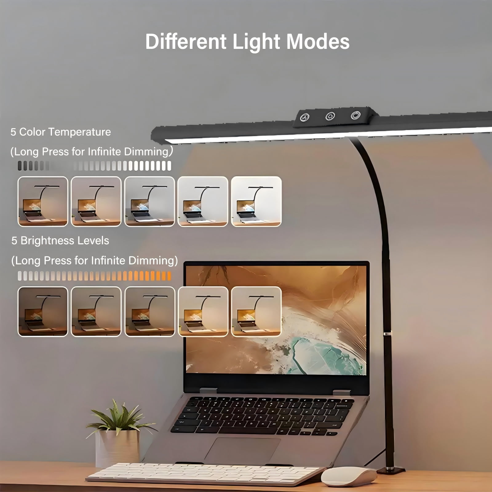 DKTIOP LED Desk Lamp for Home Office, Flexible Hose Adjustable Architect Light with 5-Level Dimmable Eye-Caring Light, for Working Reading Crafting