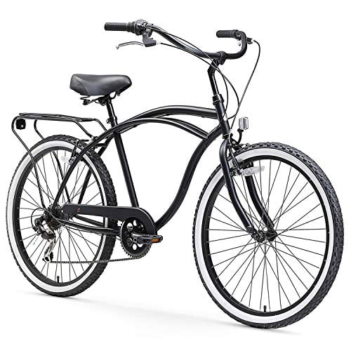 sixthreezero Vélo de Plage pour Hommes à 7 Vitesses, Roues de 24 Pouces, Noir Mat avec Siège et Poignées Noirs