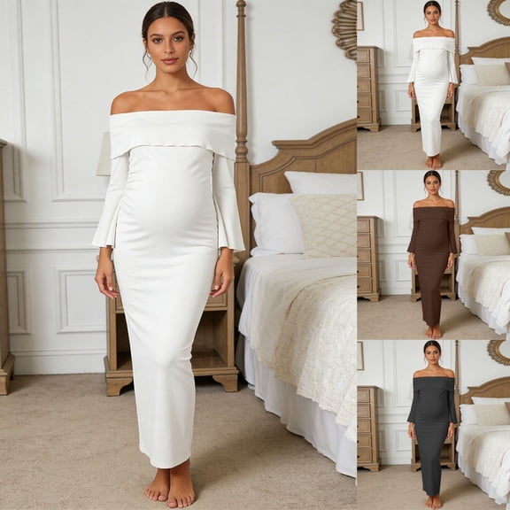 YMNXA Women's Maternity Dress Long Sleeve Off Shoulder Solid Color Elegant Stretchy Maxi Pregnant Dresses For Photography,Black,L